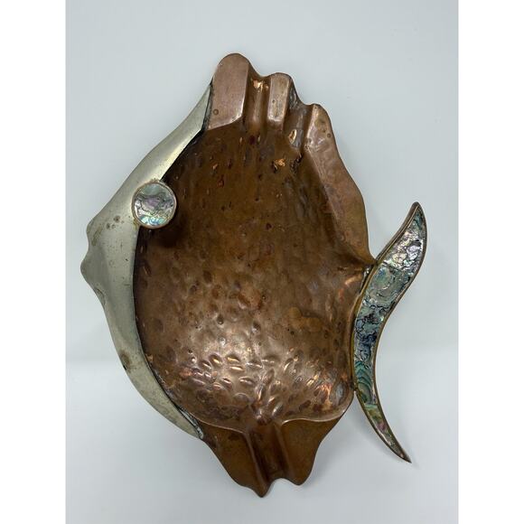 Vintage MCM Copper Fish Dish Ashtray Abalone Inlay Metales Casados Mexico